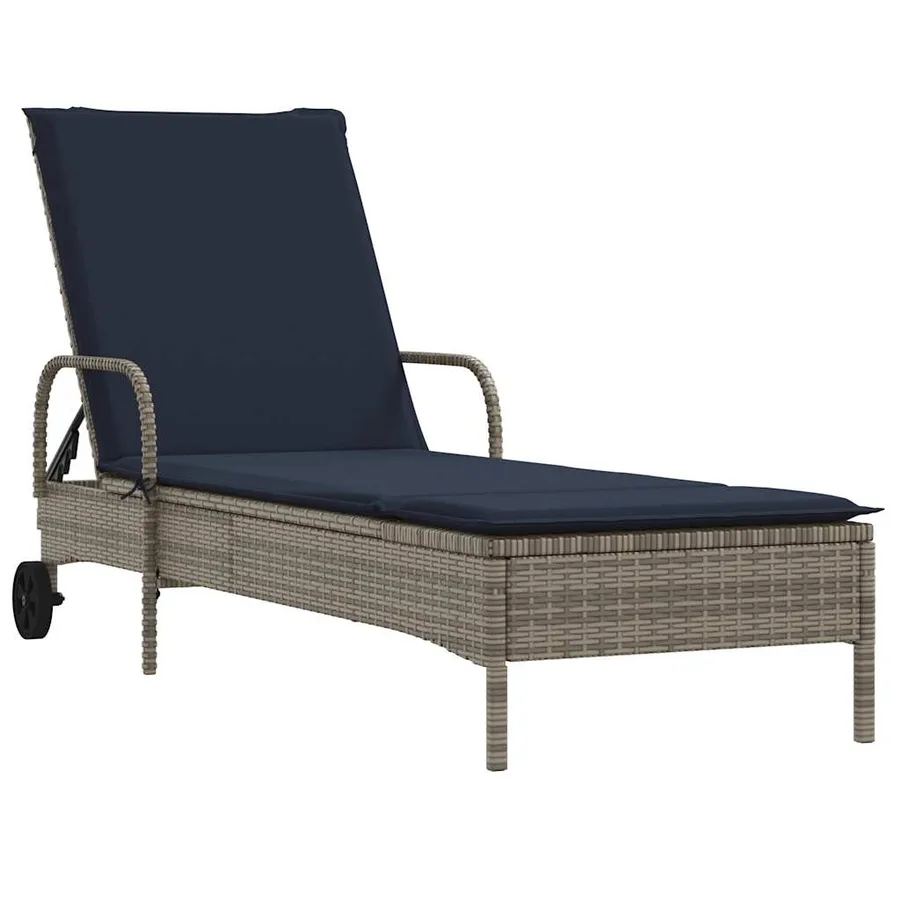 Chaise longue à roulettes avec coussin gris résine tressée - 2
