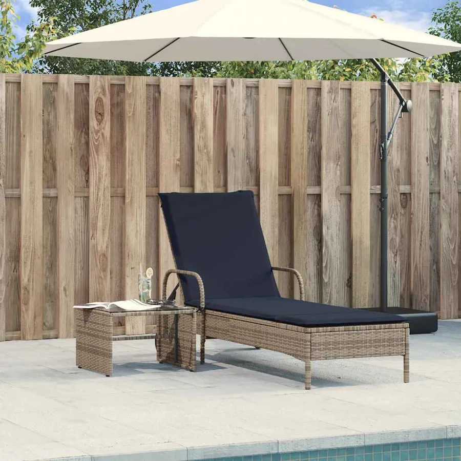 Chaise longue à roulettes avec coussin gris résine tressée - 3