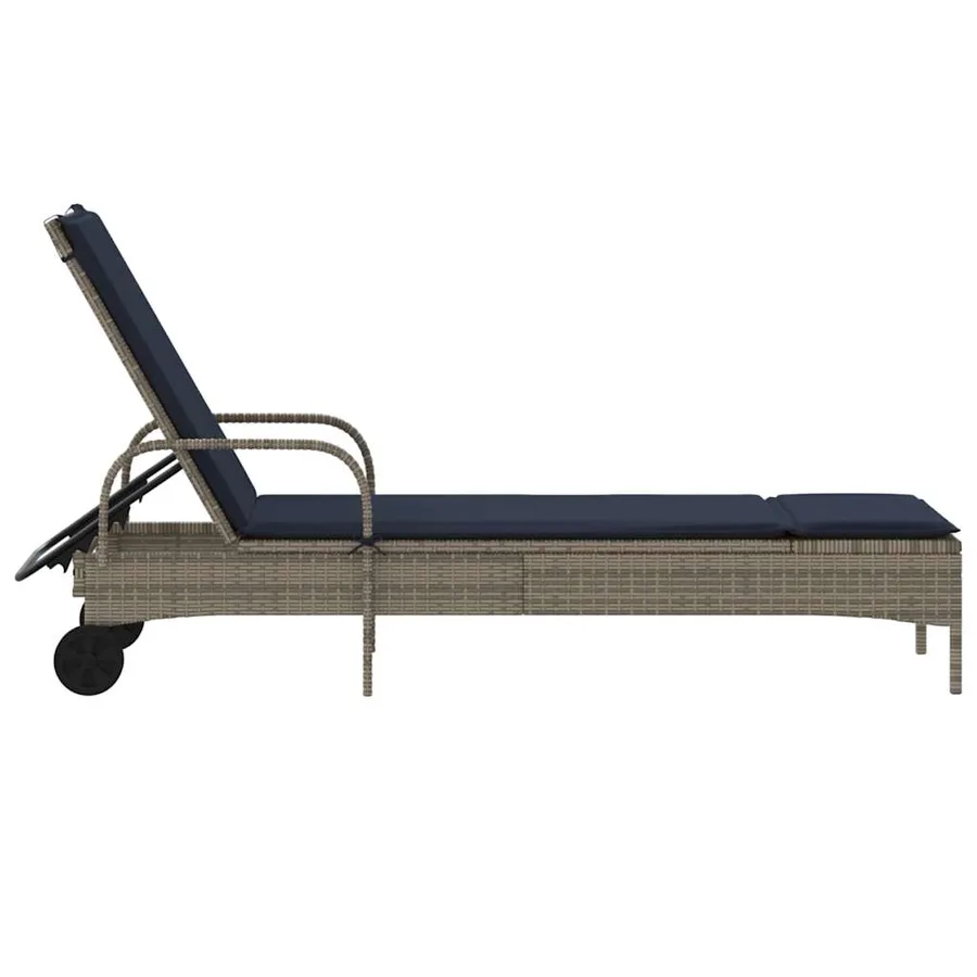 Chaise longue à roulettes avec coussin gris résine tressée - 5