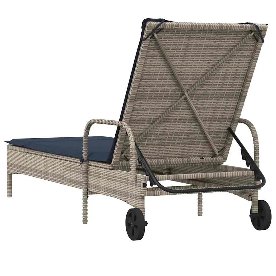 Chaise longue à roulettes avec coussin gris résine tressée - 6