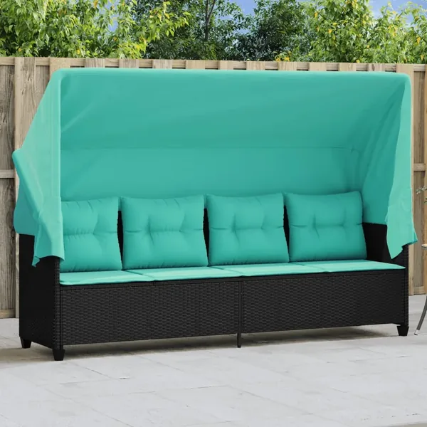 Chaise longue avec auvent et coussins noir résine tressée