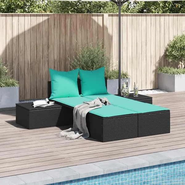 Chaise longue double avec coussins en rotin synthétique noir