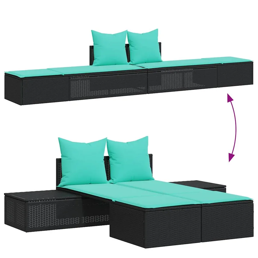 Chaise longue double avec coussins en rotin synthétique noir - 3