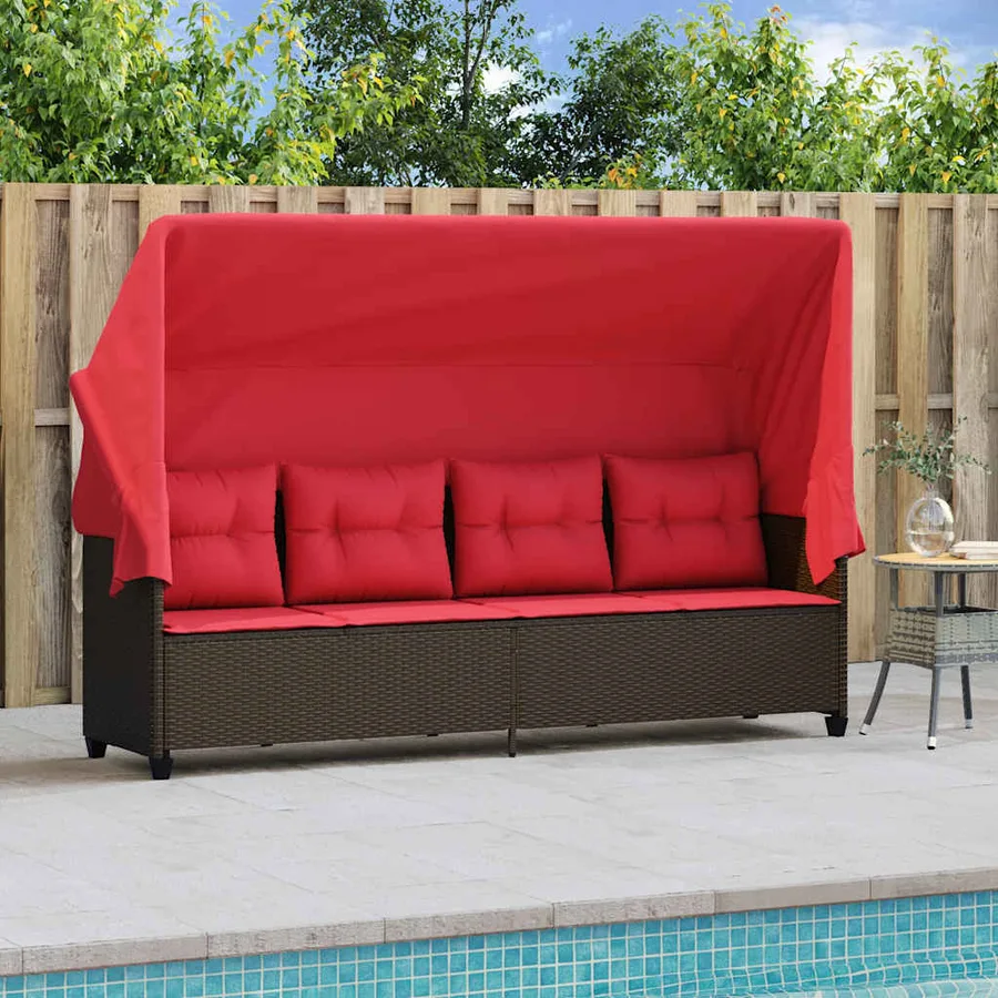 Chaise longue avec auvent et coussins marron résine tressée - 3