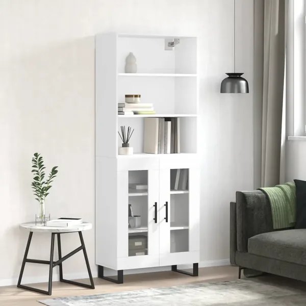 Buffet haut Blanc brillant 69,5x34x180 cm Bois d'ingénierie