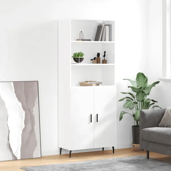 Buffet haut Blanc brillant 69,5x34x180 cm Bois d'ingénierie