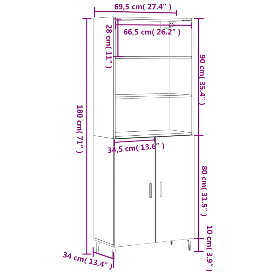 Buffet haut Blanc brillant 69,5x34x180 cm Bois d'ingénierie - 13