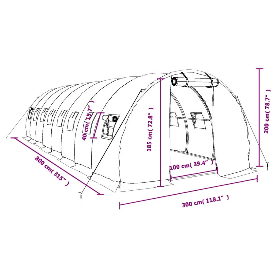 Serre avec cadre en acier vert 24 m² 8x3x2 m - 12