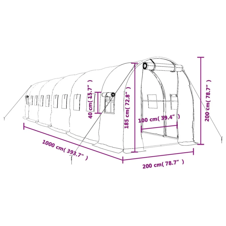 Serre avec cadre en acier vert 20 m² 10x2x2 m - 12