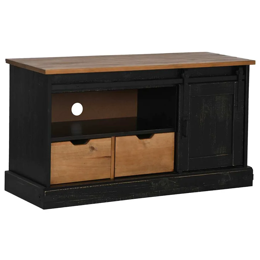 Meuble TV HALDEN porte coulissante noir 110x40x60cm bois massif - 2