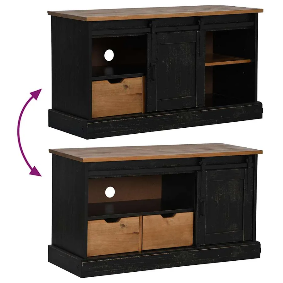 Meuble TV HALDEN porte coulissante noir 110x40x60cm bois massif - 7