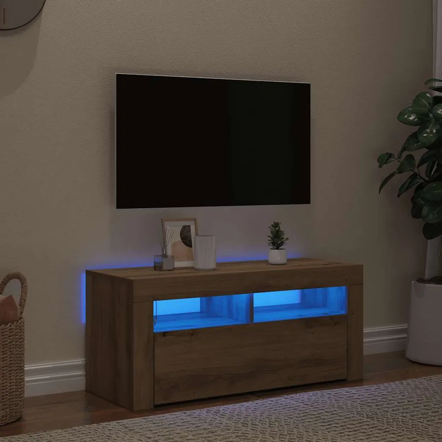 Meuble TV avec lumières LED chêne artisanal bois d'ingénierie - 3