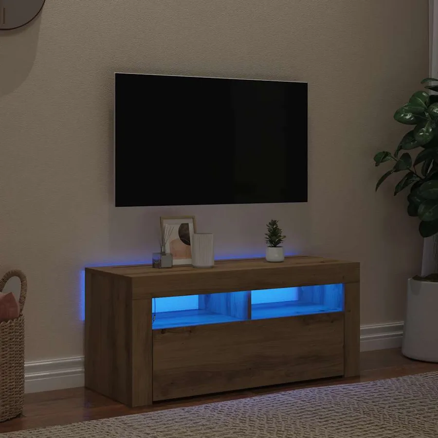 Meuble TV avec lumières LED chêne artisanal bois d'ingénierie - 9