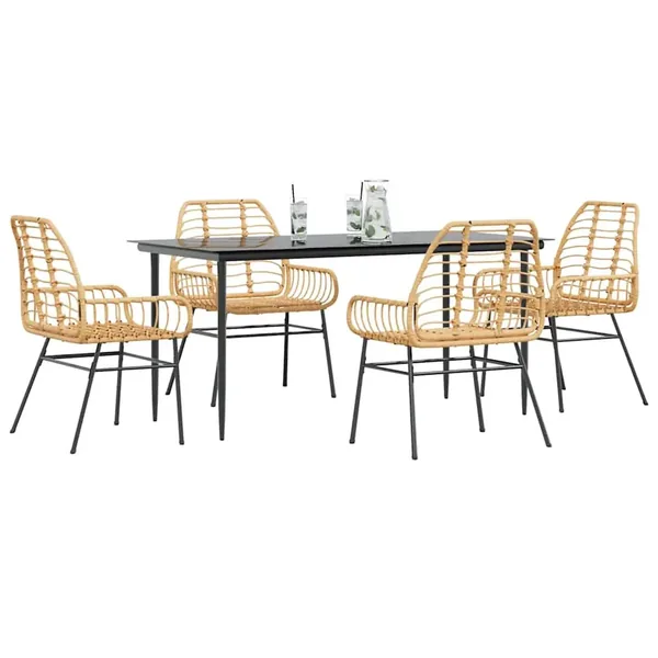 Ensemble à manger jardin 5pcs marron poly rotin verre