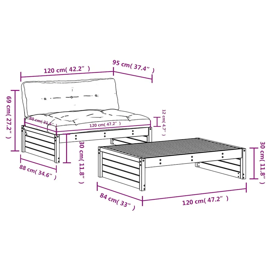 Salon de jardin 2 pcs avec coussins noir bois massif - 8
