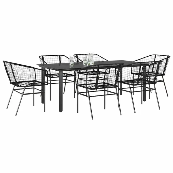 Ensemble à manger de jardin 7pcs noir poly rotin verre