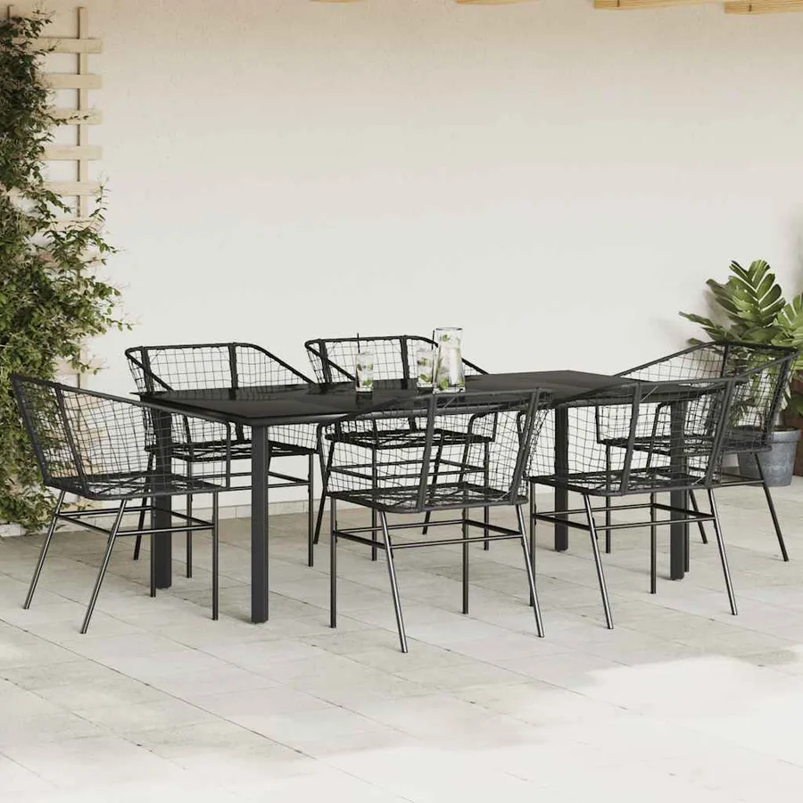Ensemble à manger de jardin 7pcs noir poly rotin verre - 3