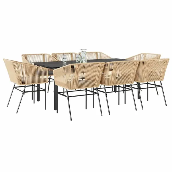 Ensemble à manger jardin coussins 9pcs marron poly rotin verre