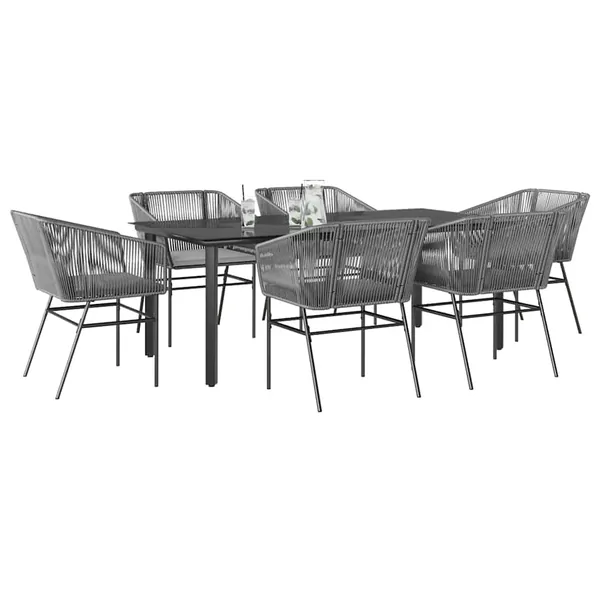 Ensemble à manger jardin coussins 7 pcs gris poly rotin verre