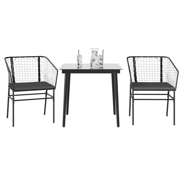 Ensemble à manger de jardin et coussins 3 pcs noir rotin verre