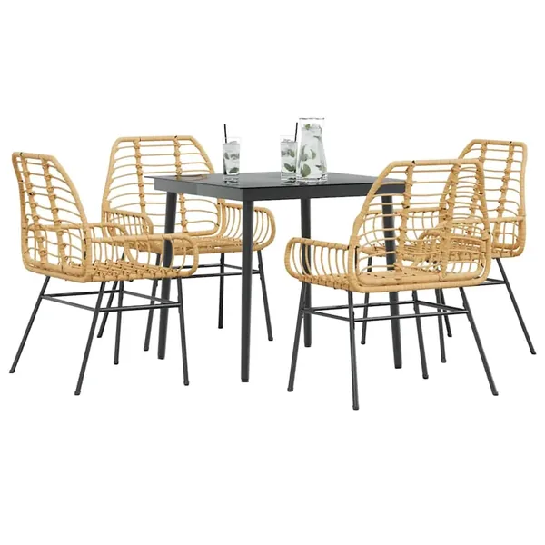 Ensemble à manger jardin 5pcs marron poly rotin verre