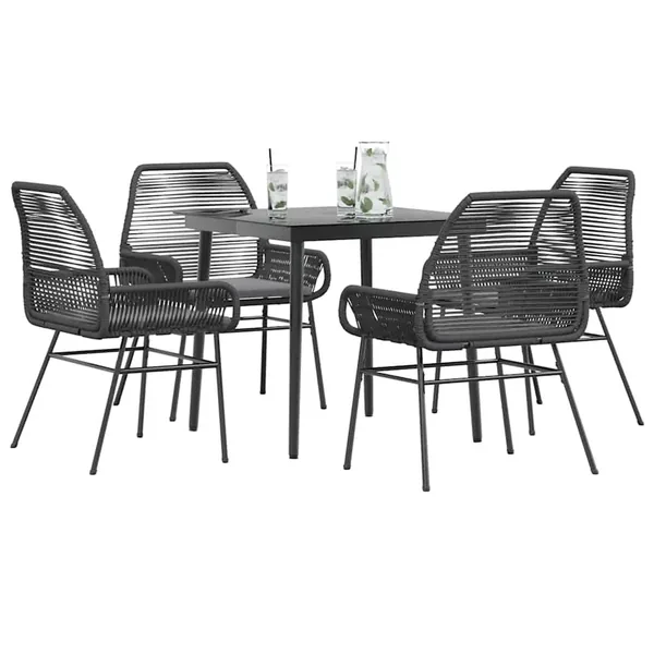 Ensemble à manger de jardin et coussins 5 pcs noir rotin verre