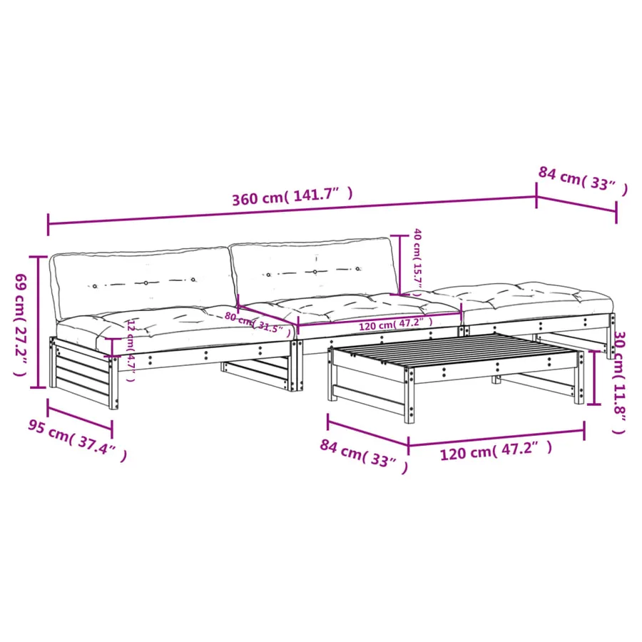 Salon de jardin 4 pcs avec coussins bois de pin imprégné - 8