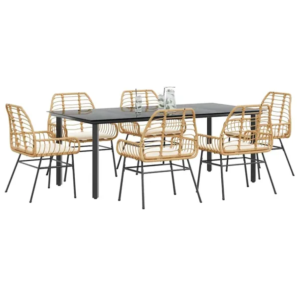 Ensemble à manger jardin coussins 7pcs marron poly rotin verre