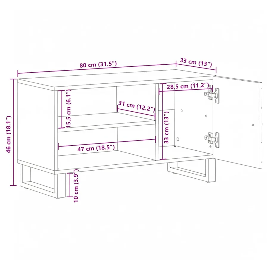 Meuble TV noir 80x33x46 cm bois massif de manguier - 12