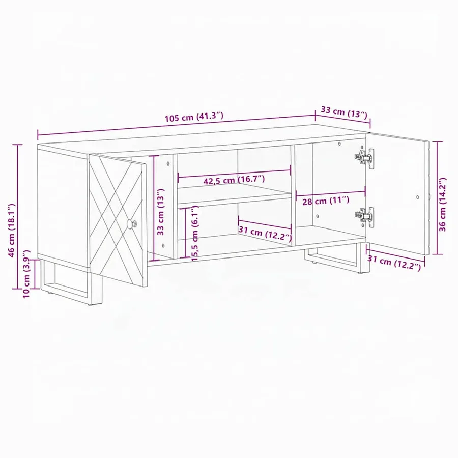 Meuble TV noir 105x33x46 cm bois massif de manguier - 11