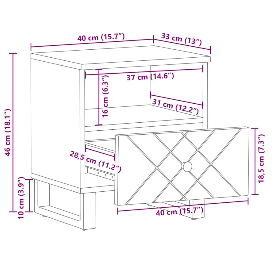 Table de chevet noir 40x33x46 cm bois de manguier solide - 11