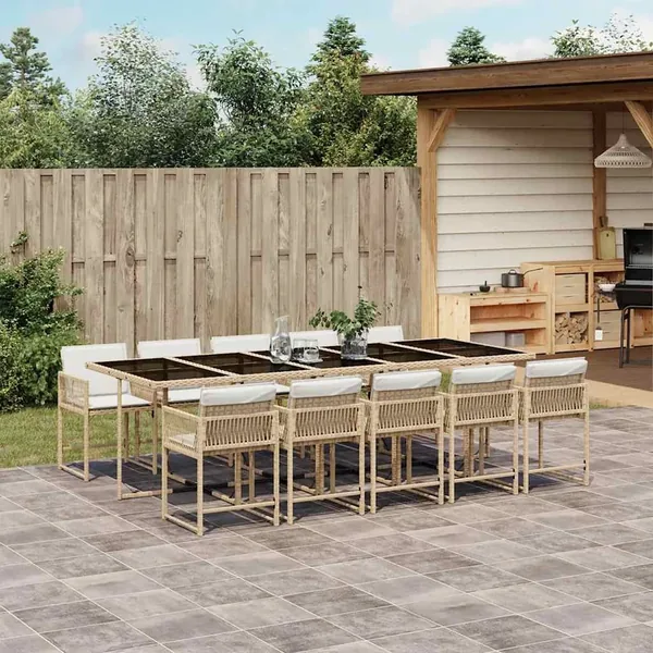 Ensemble à manger de jardin et coussins 11 pcs beige poly rotin