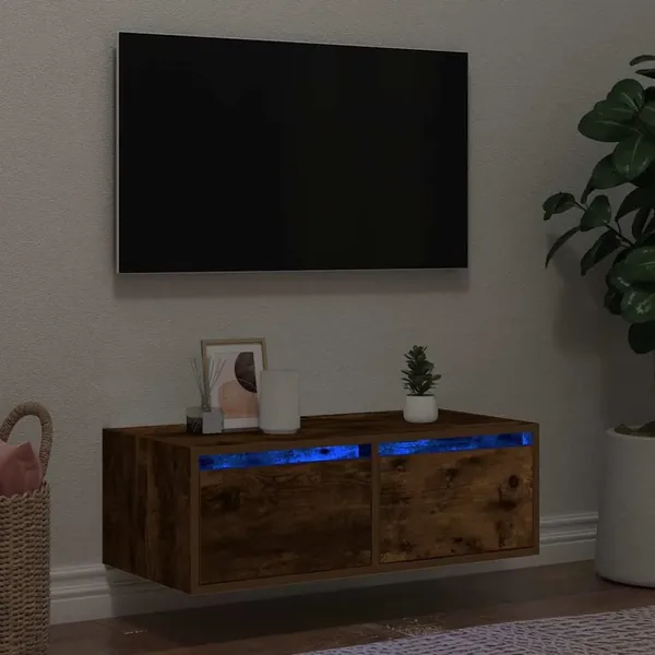Meuble TV avec lumières LED chêne fumé 75x35,5x25 cm