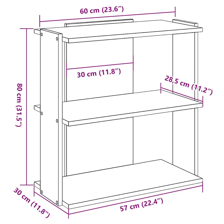 Bibliothèque à 3 niveaux gris béton 60x30x80 cm bois ingénierie - 9
