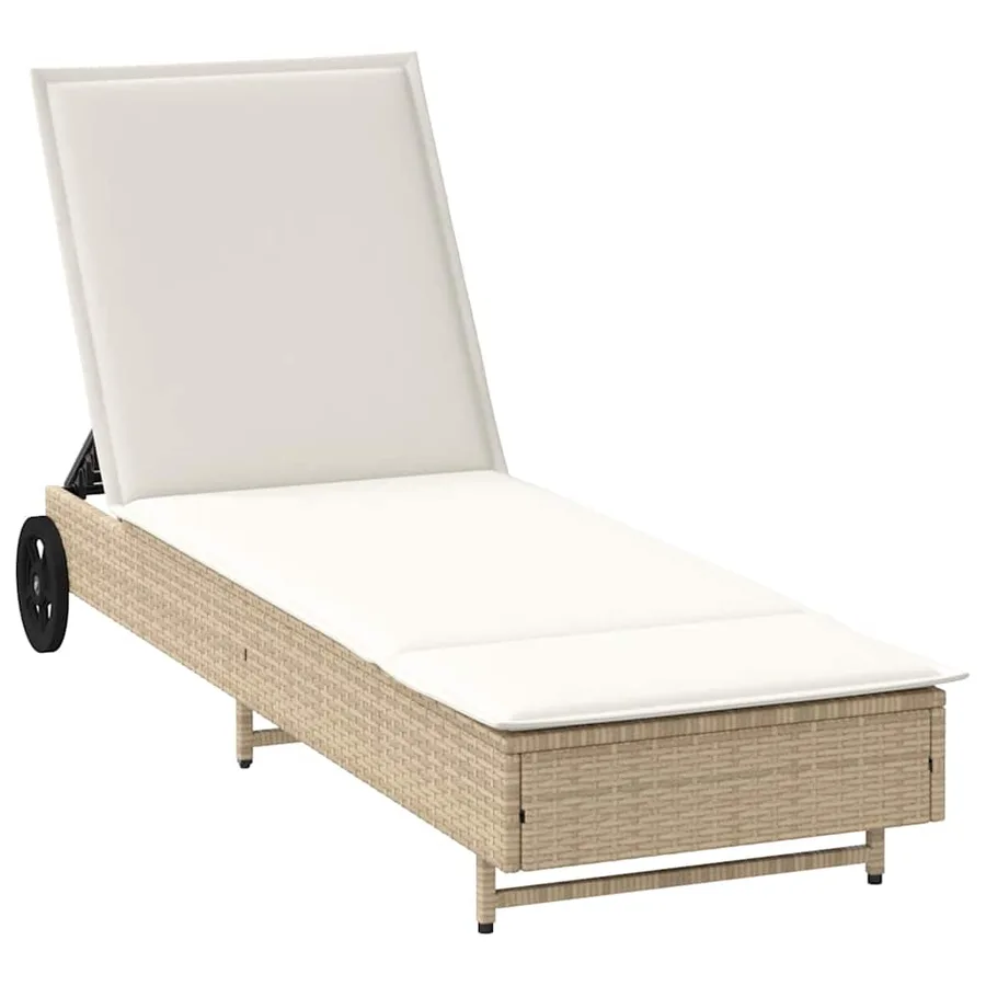 Chaise longue avec roues et coussin beige résine tressée - 2