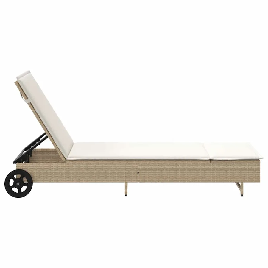 Chaise longue avec roues et coussin beige résine tressée - 7