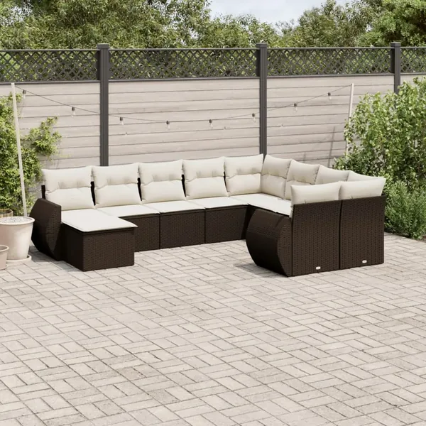 Salon de jardin 10 pcs avec coussins marron résine tressée