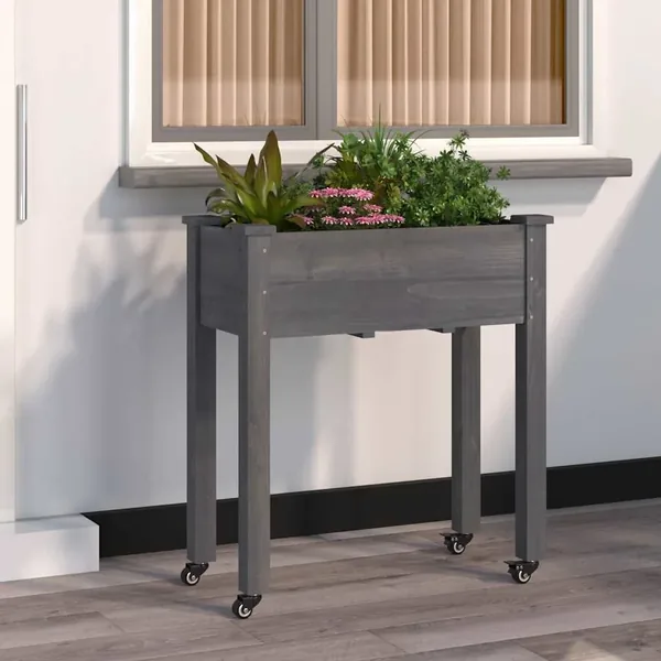 Jardinière sur roues avec doublure gris 71x37x80 cm bois sapin