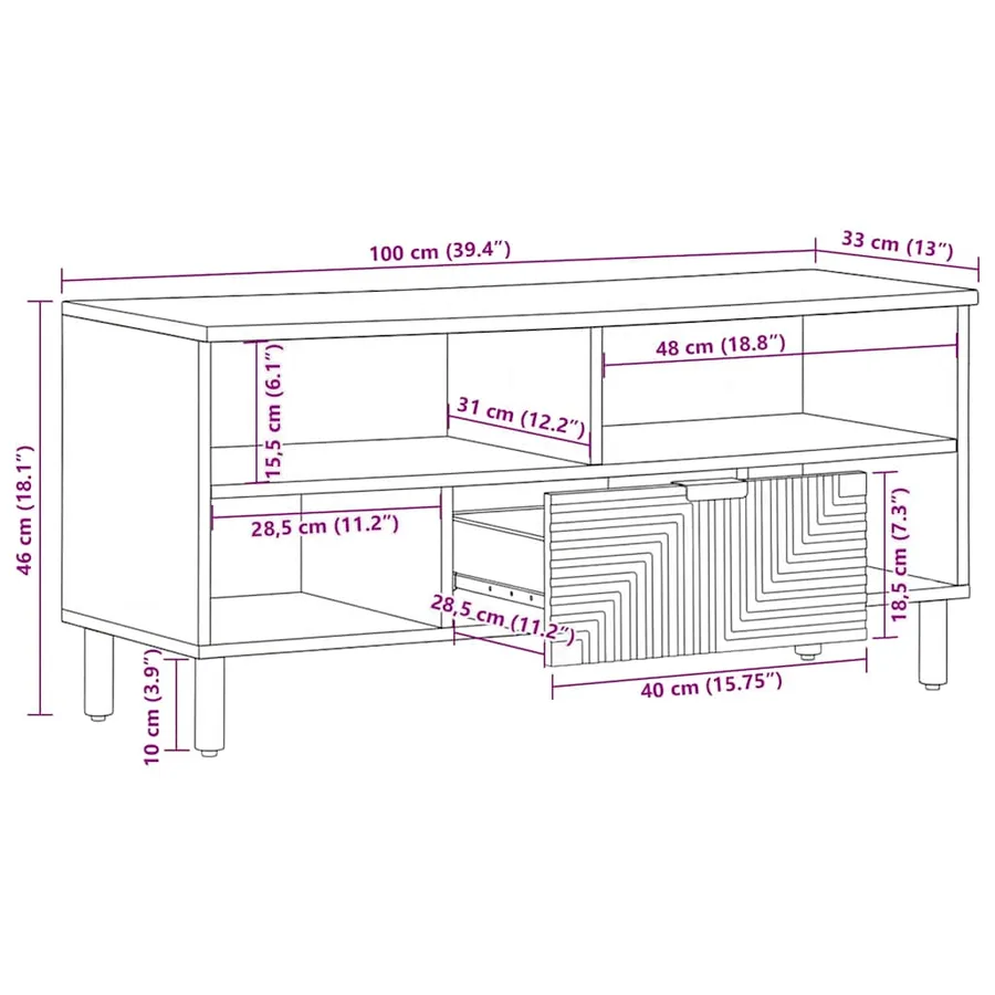 Meuble TV marron 100x33x46 cm bois massif de manguier - 11