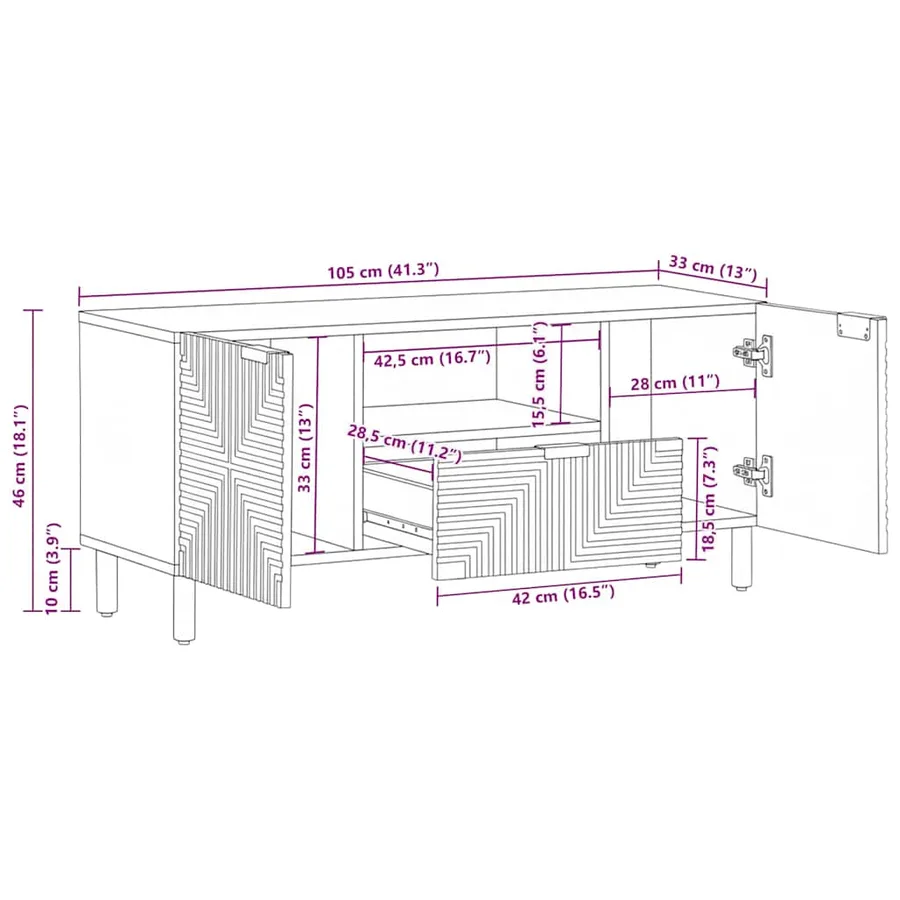 Meuble TV marron 105x33x46 cm Bois massif de manguier - 11