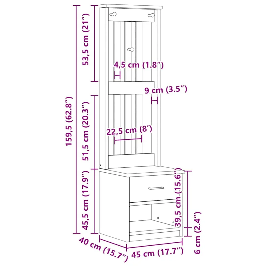 Portemanteau SANDNES blanc 45x40x159,5 cm bois massif pin - 13