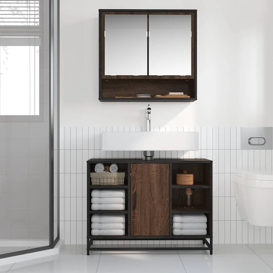 Armoire lavabo de salle de bain chêne marron bois d'ingénierie - 3
