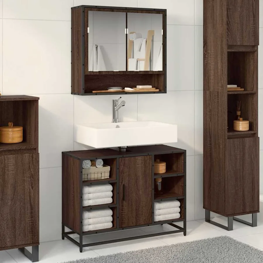 Armoire lavabo de salle de bain chêne marron bois d'ingénierie - 4