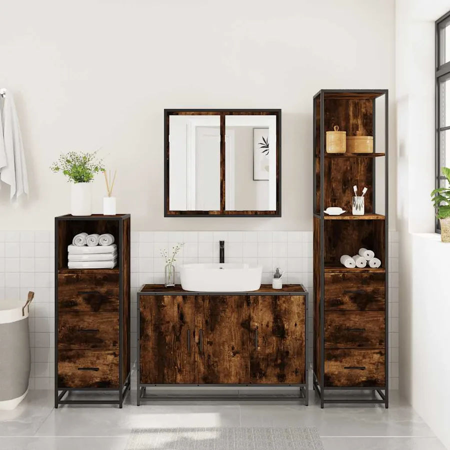Ensemble meubles salle de bain 4 pcs chêne fumé bois ingénierie - 3