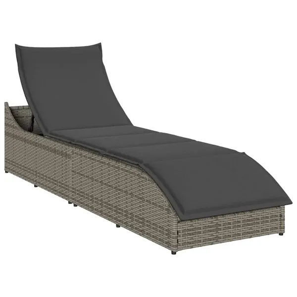 Chaise longue pliante coussin et rangement gris résine tressée