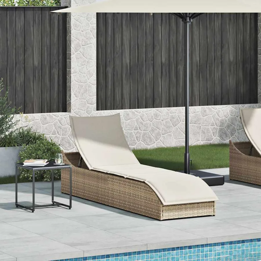 Chaise longue pliante coussin et rangement gris résine tressée - 34