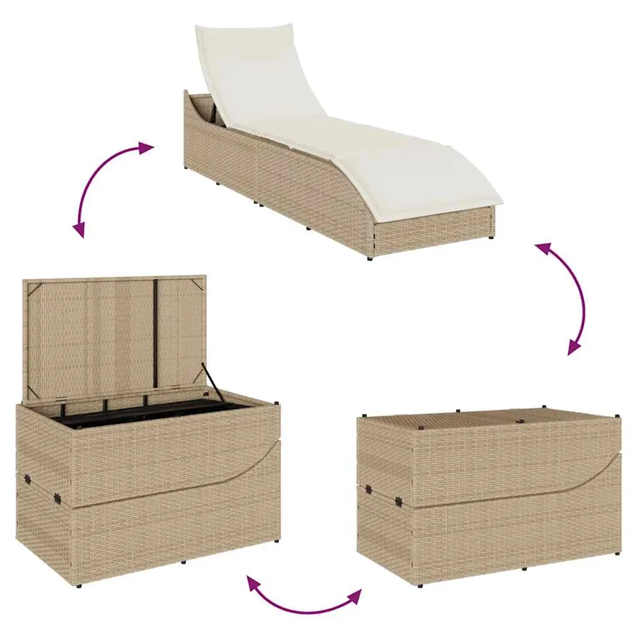 Chaise longue pliante coussin et rangement gris résine tressée - 41