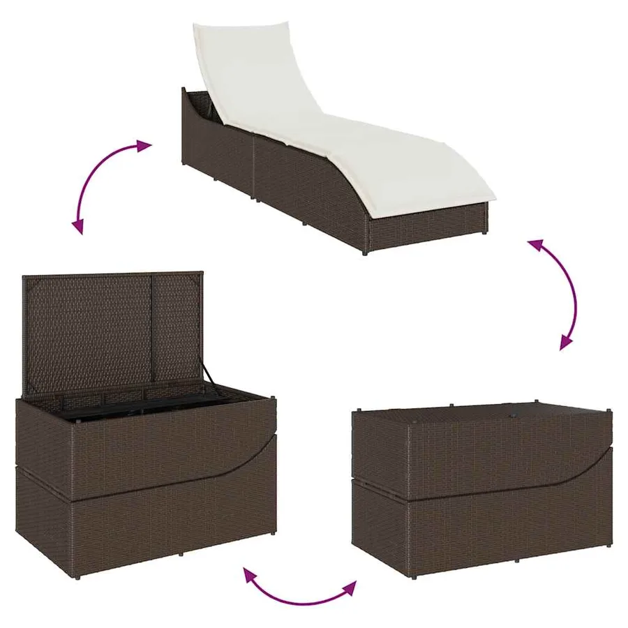 Chaise longue pliante coussin et rangement gris résine tressée - 89