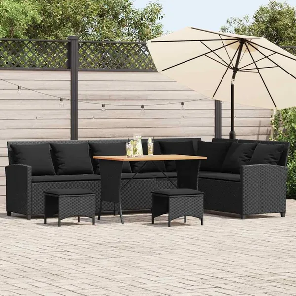 Salon de jardin 4 pcs avec coussins forme L noir résine tressée