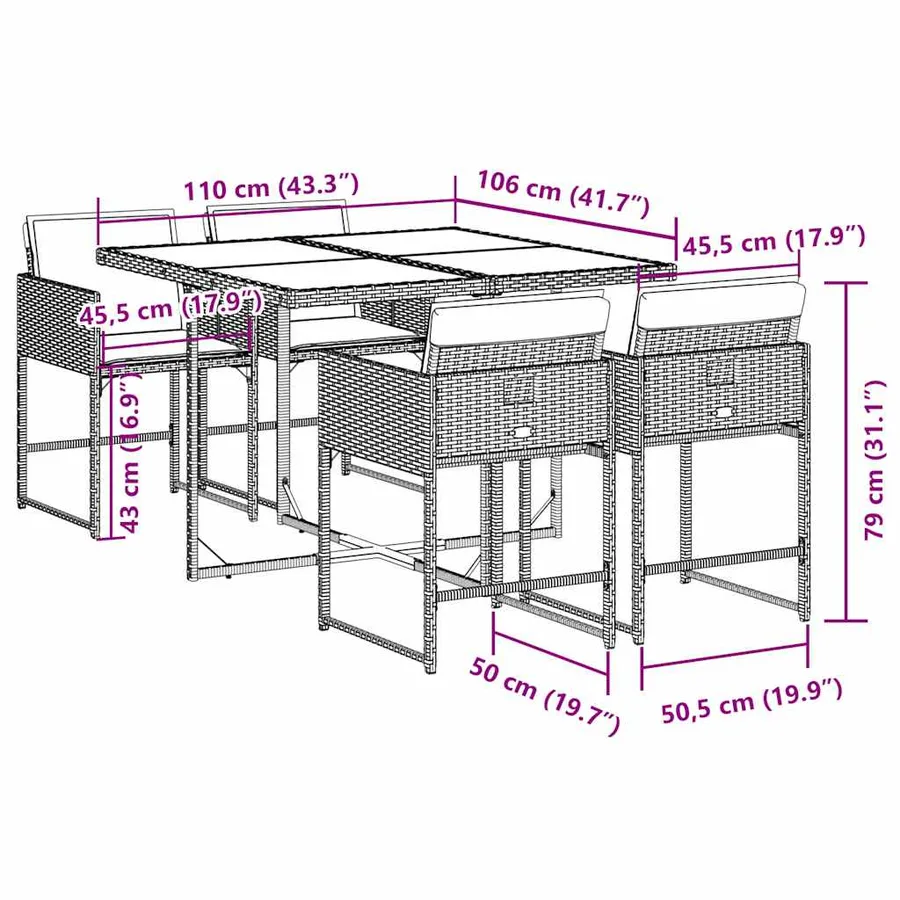 Ensemble à manger de jardin coussins 5pcs Noir Résine tressée - 6